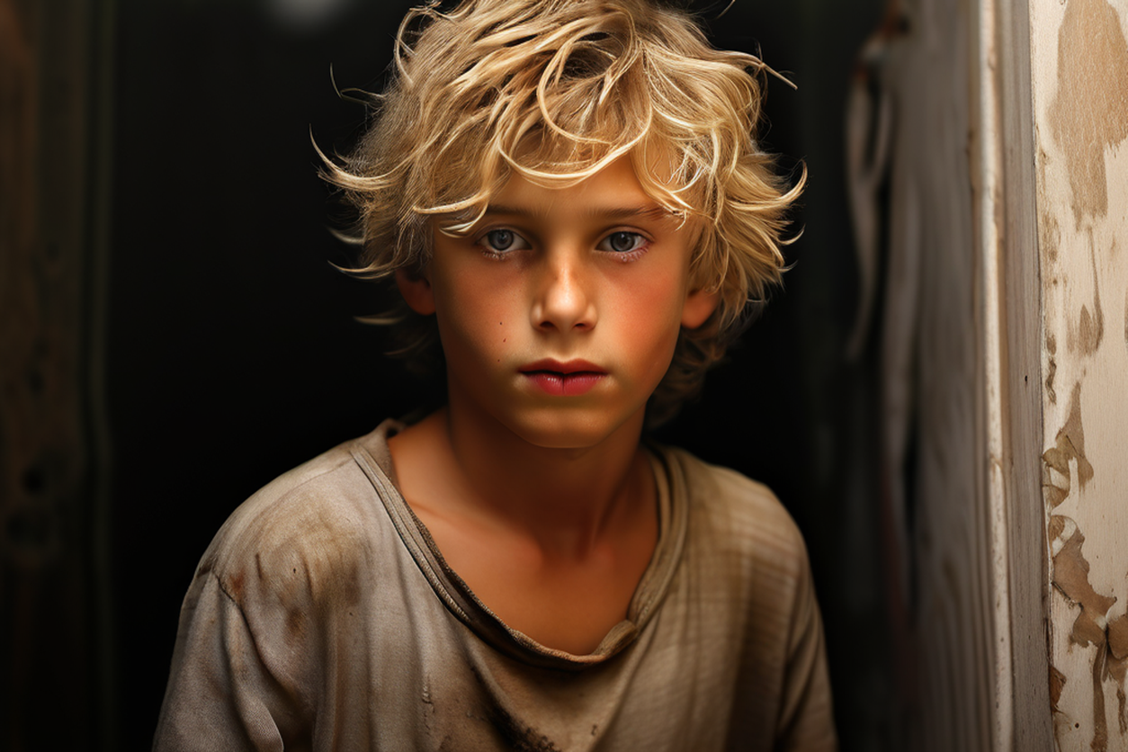 Barefoot boy with a slender face and shaggy blonde hair in t... by Mats ...