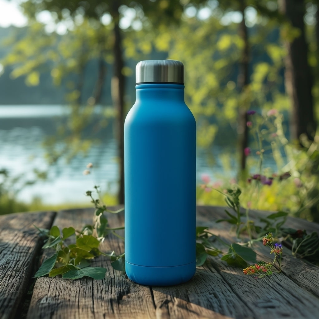 Vibrant Blue Water Bottle on Rustic Picnic Table Mockup