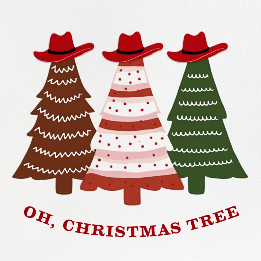 Whimsical Cowboy Hat Christmas Trees Illustration T-Shirt