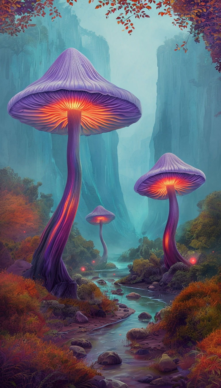 Enchanting Surreal Mushroom Landscape with Mystical Glow Mobile Wallpaper