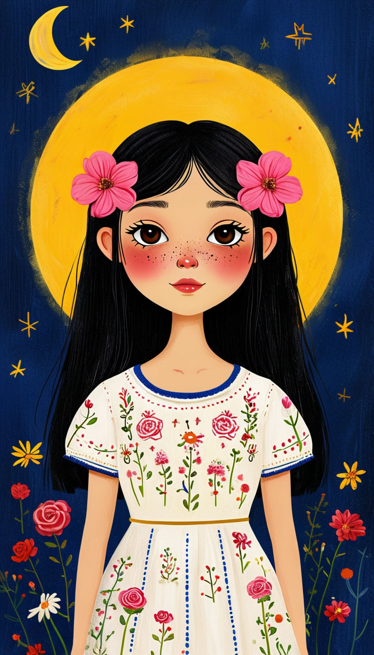 Whimsical Young Girl Illustration with Flowers and Moon Art