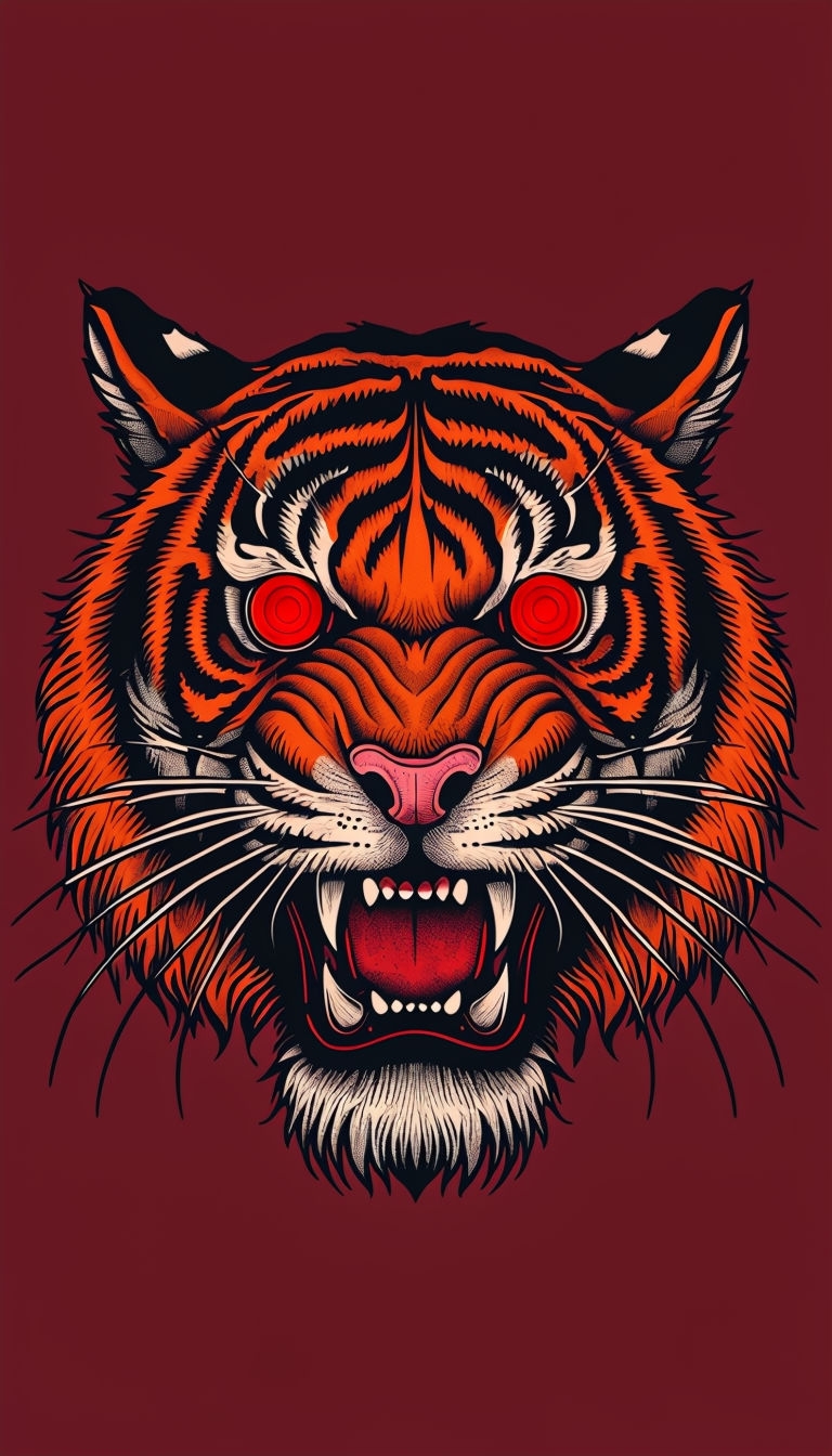 Vibrant Tattoo-Style Tiger Face Illustration on Burgundy Background Mobile Wallpaper