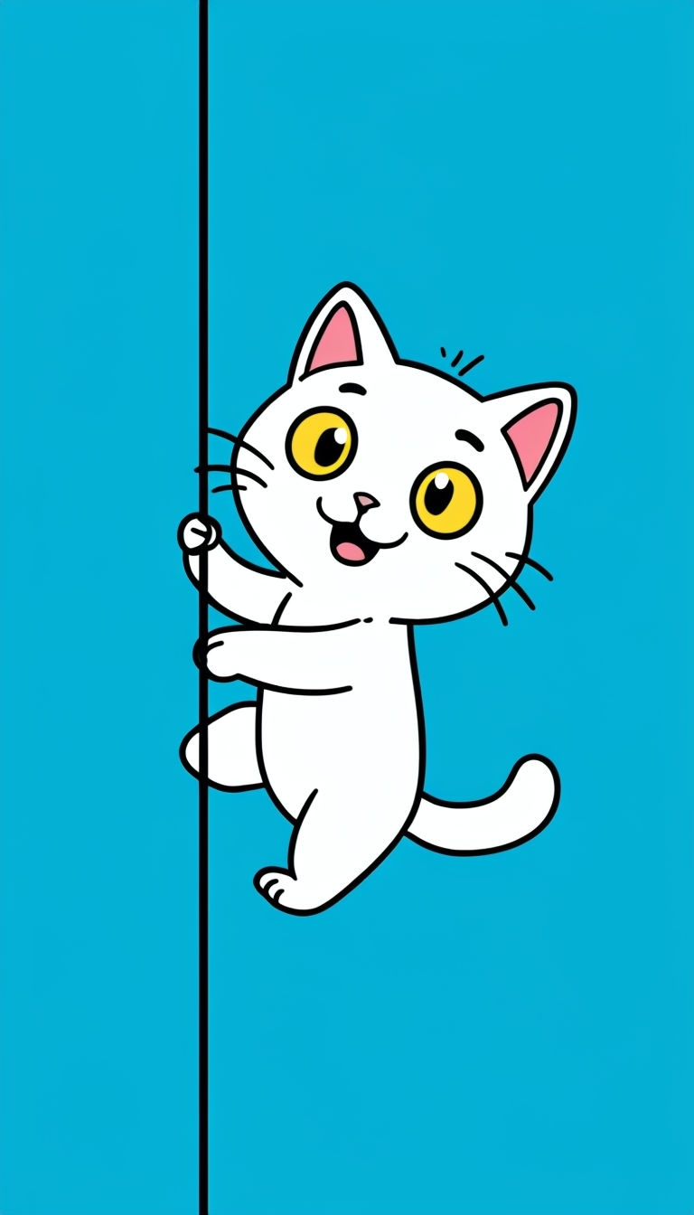Cheerful Cartoon Cat Climbing a Line on Sky Blue Background Mobile Wallpaper
