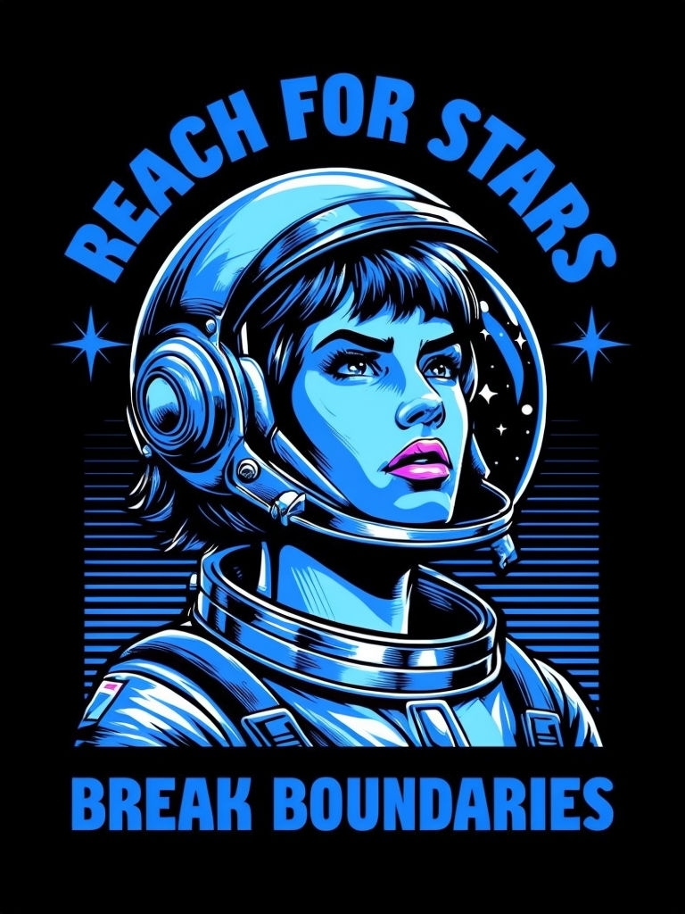 Determined Female Astronaut with "Reach for Stars" T-Shirt
