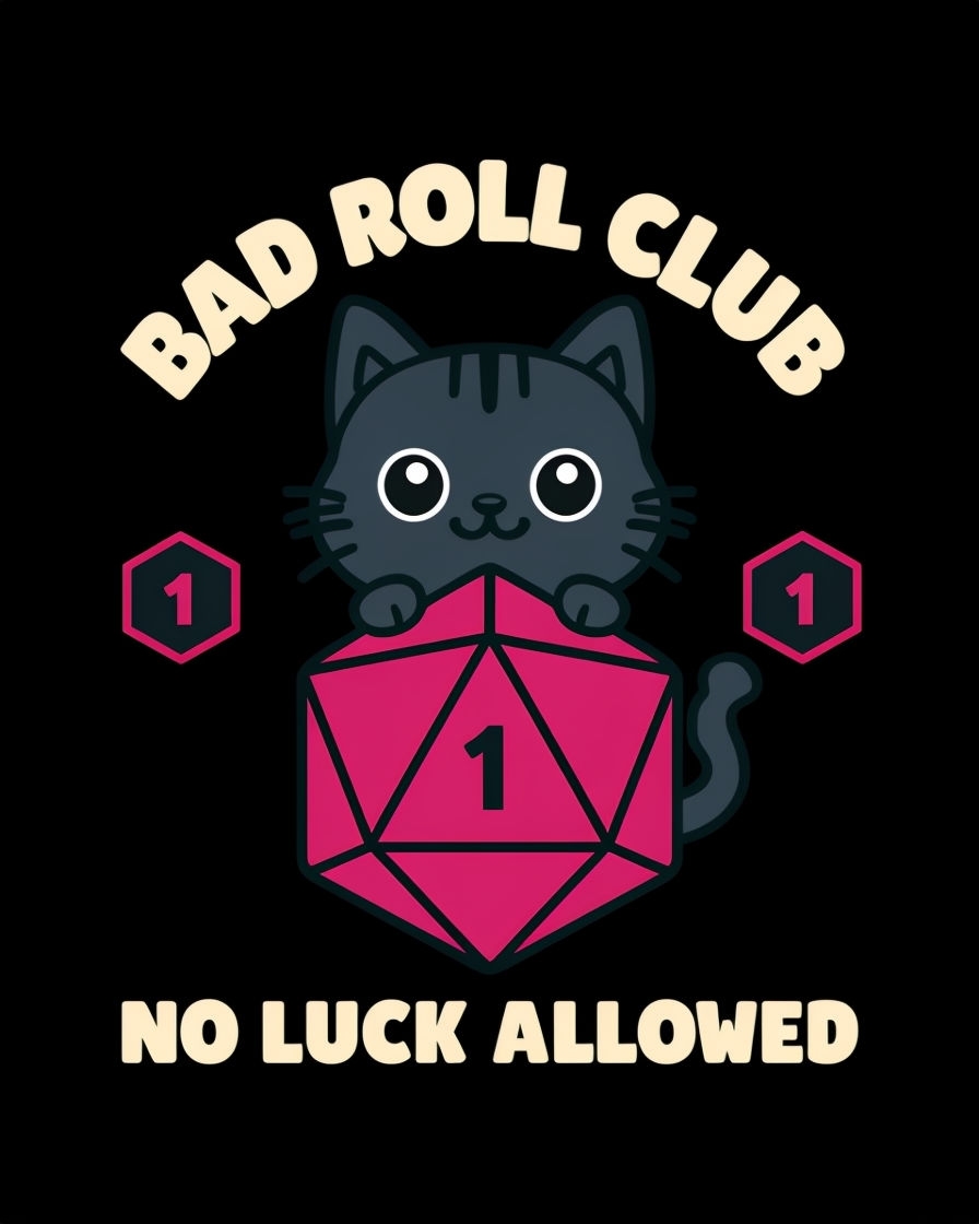 Cute Dark Gray Cat with D20 and Bad Roll Club T-Shirt