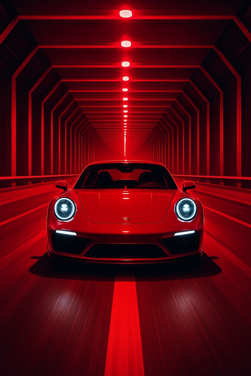 Sleek Red Sports Car in Dynamic Tunnel Scene Mobile Wallpaper