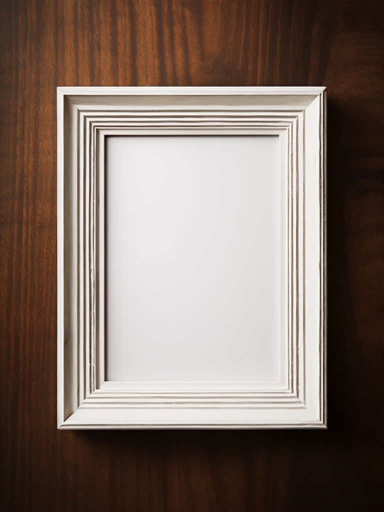 Elegant White Wooden Picture Frame on Dark Wood Background Mockup