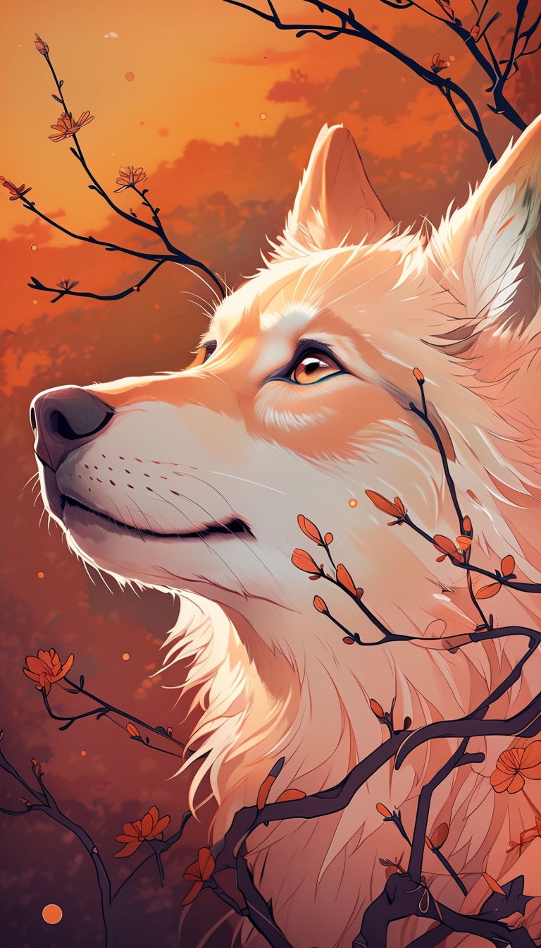 Serene Peach Wolf Profile Illustration with Nature Elements Mobile Wallpaper