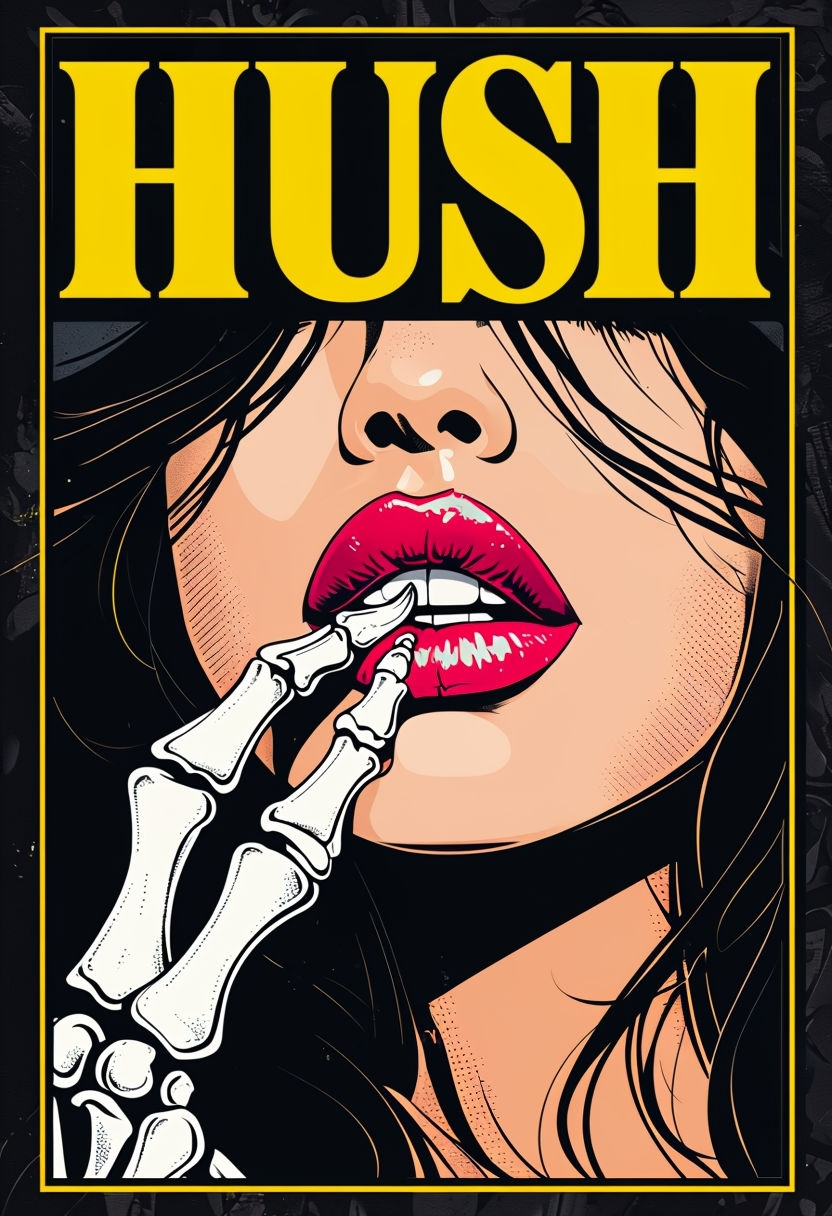 Eerie Pop Art Illustration of Glossy Red Lips and Skeletal Hand Poster