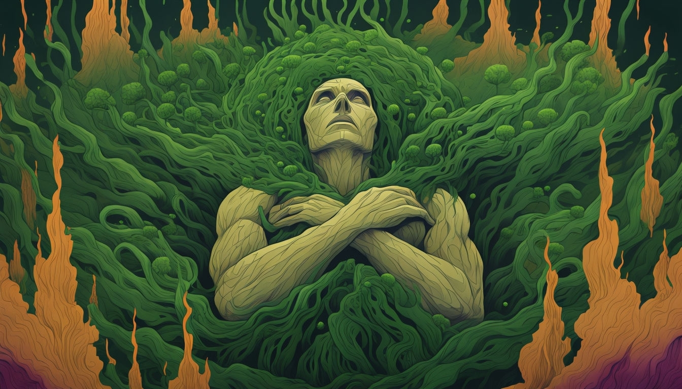 Surreal Eerie Statue in Dark Green Vegetation Virtual Backgrounds