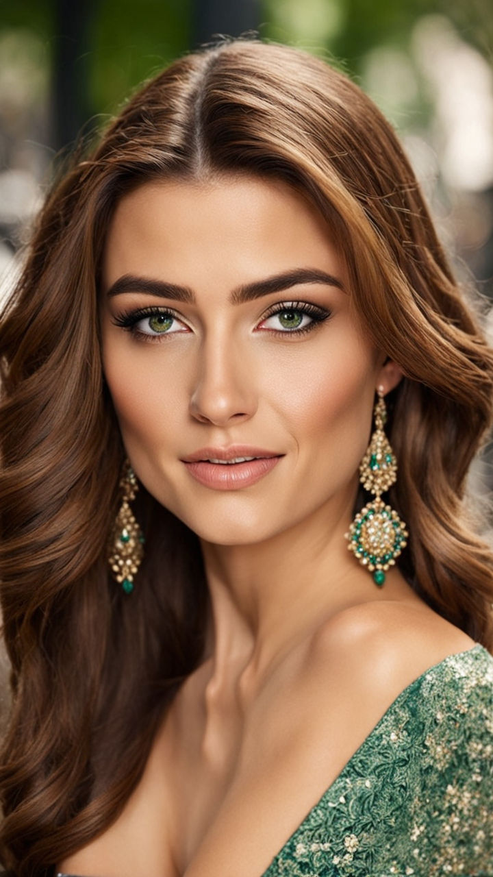 expressive emerald green eyes that convey calm and tenderness. Her  eyelashes are long and frame her eyes in a charming way. Her skin is soft  and slightly tanned in tone