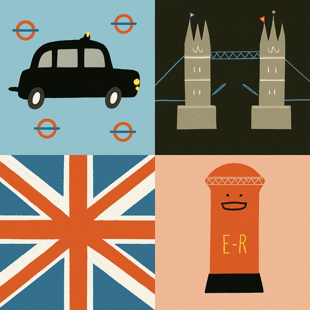 Playful British Icons Cartoon Illustration Seamless Pattern