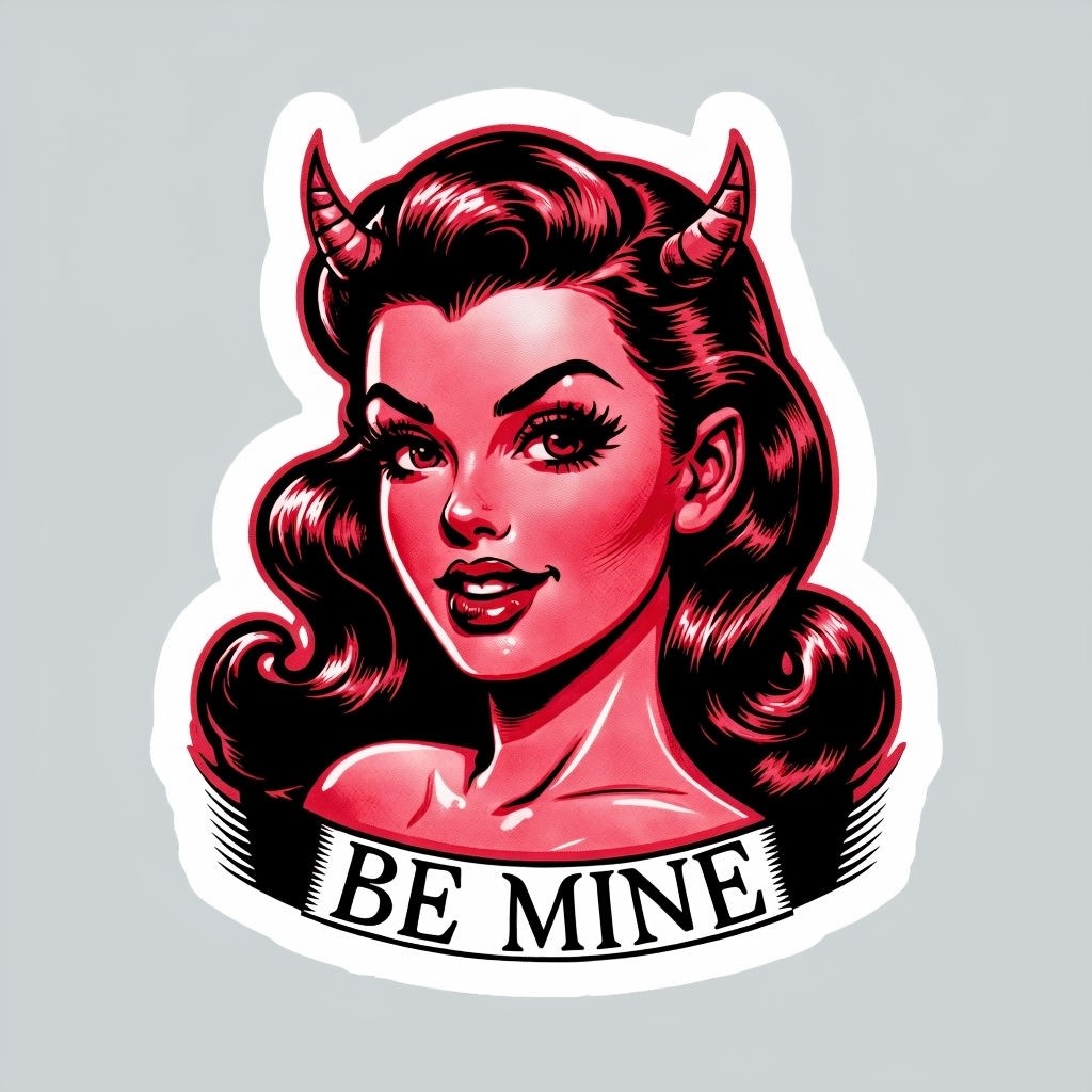 Retro Comic Pin-Up Devil Girl 'Be Mine' Sticker