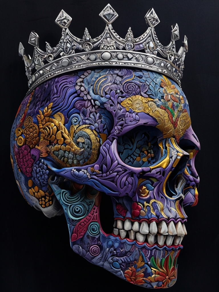 Colorful Ornate Skull Sculpture with Regal Crown Art