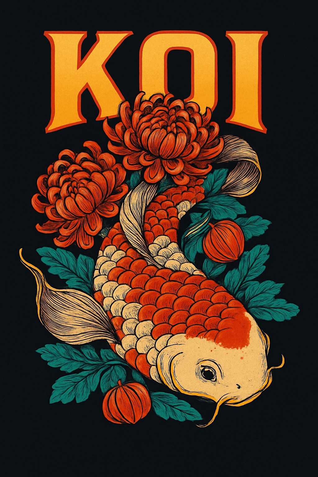 Vibrant Koi Fish and Chrysanthemums Tattoo Art T-Shirt