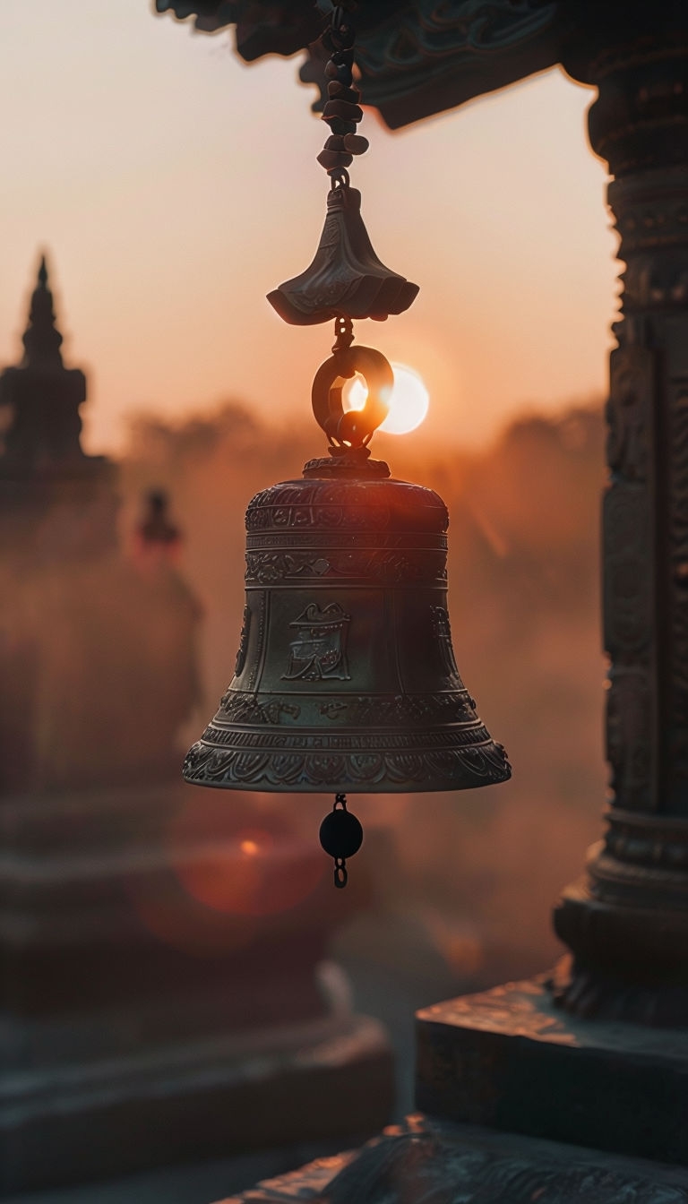 Divine Temple Bell Under Sunset Glow Mobile Wallpaper