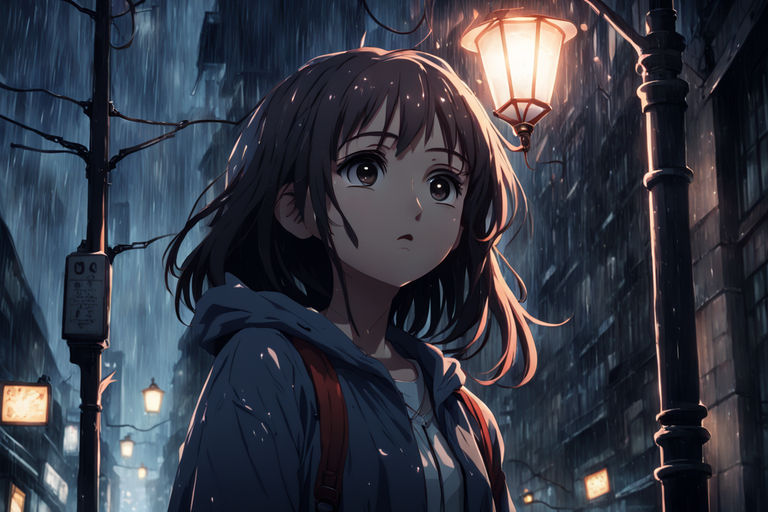 Anime a girl standing beneath a flickering streetlight by Hei Abann ...