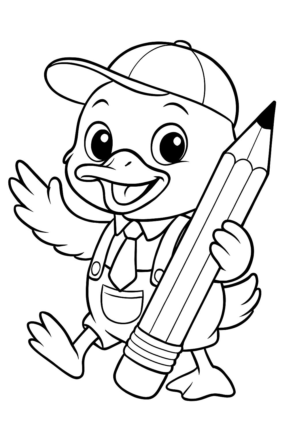 Cheerful Cartoon Duck Character with Pencil for Coloring Book Pages