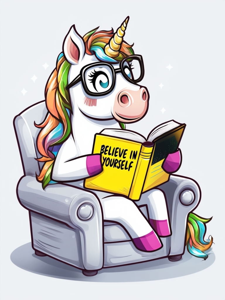 Whimsical Unicorn Reading 'Believe in Yourself' Motivational Poster