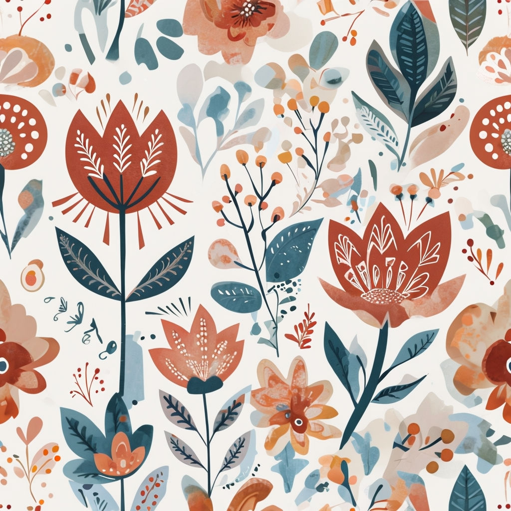 Vibrant Seamless Floral Pattern with Rust-Red and Teal Accents