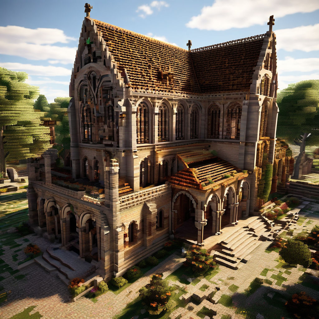 Medieval cult hall built in minecraft in an abandoned run down town in a  grassy open field