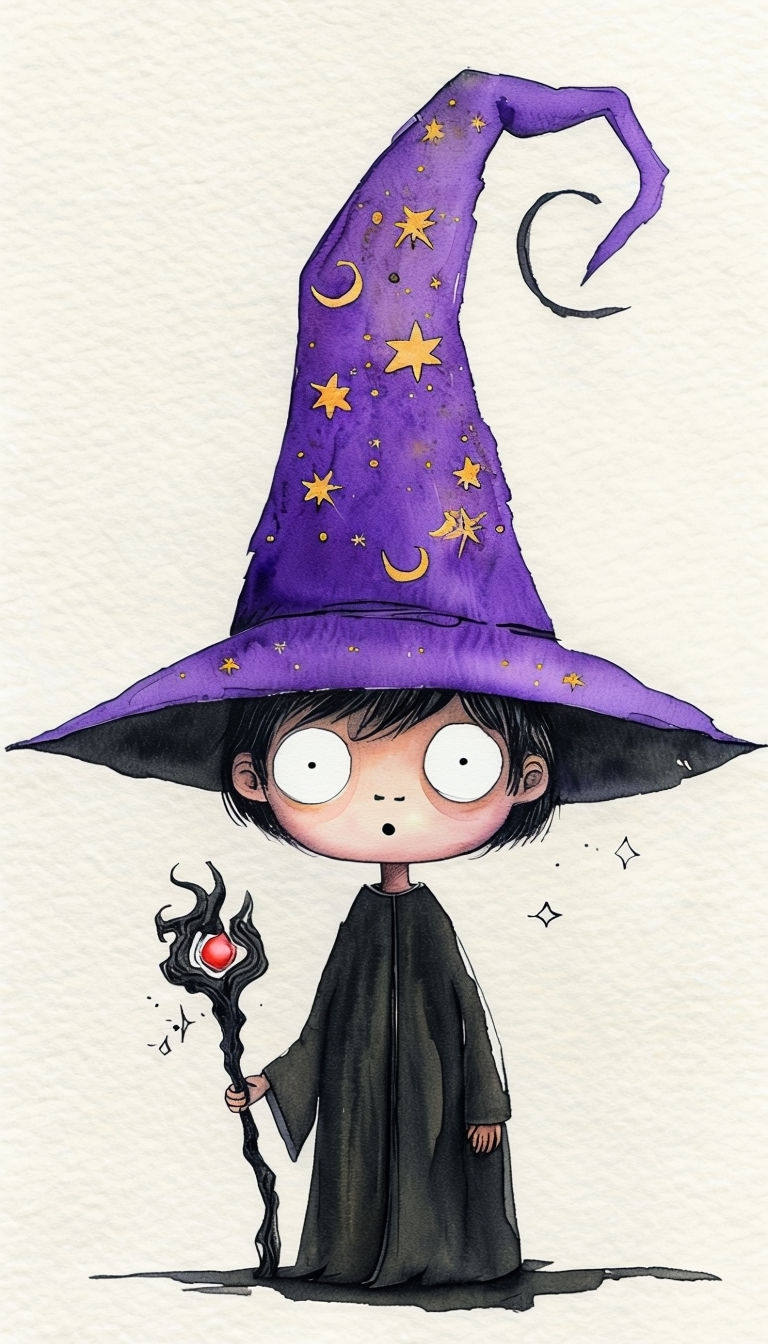 Quirky Wizard Illustration with Long Hat and Magic Staff Art