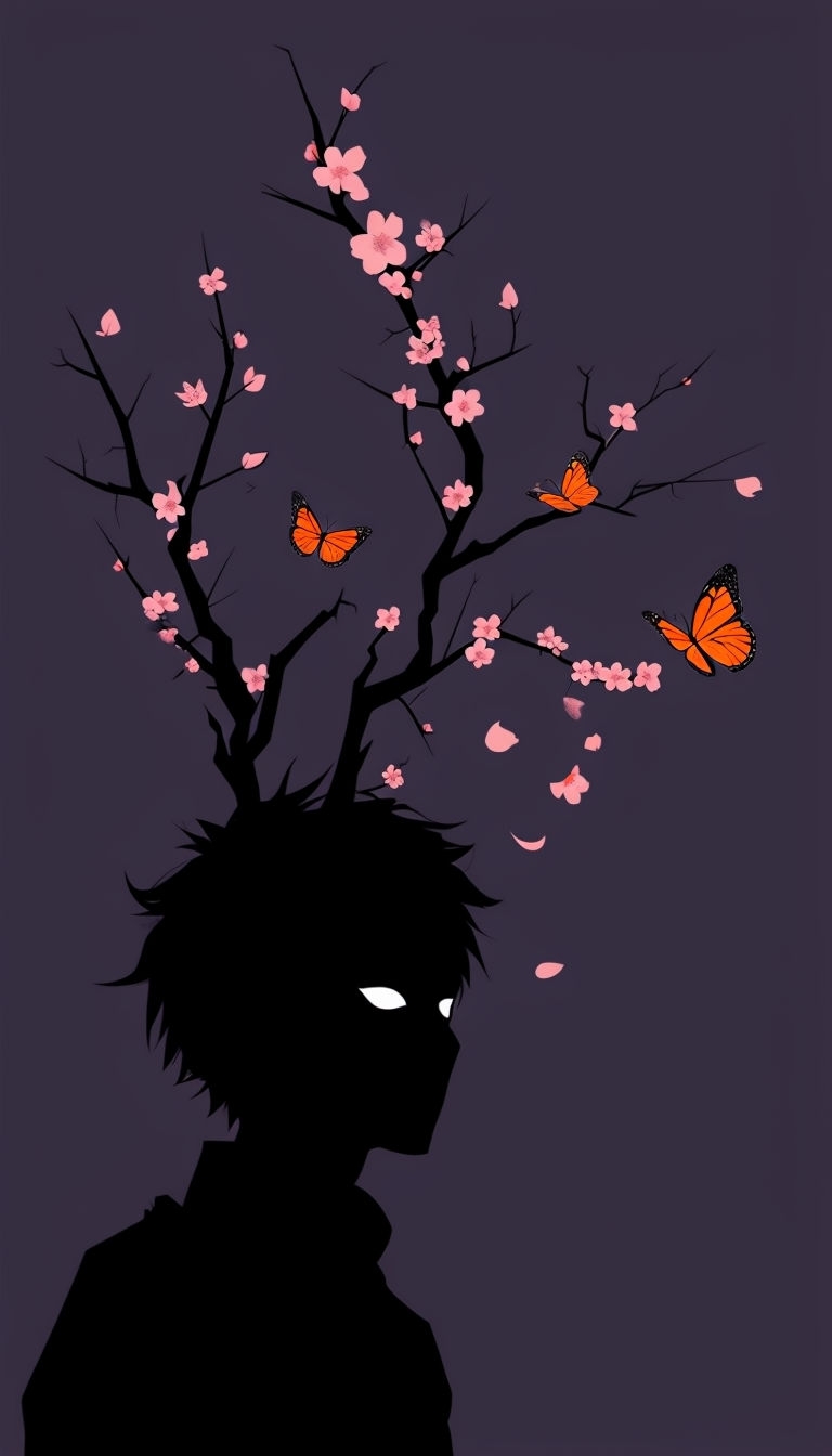 Surreal Dark Silhouette with Blossoms and Butterflies Mobile Wallpaper