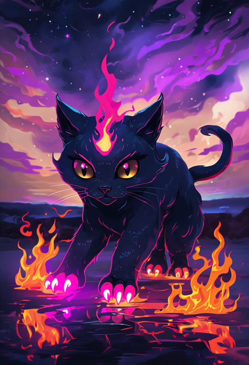 Mystical Cat-Like Creature with Fiery Flames Art