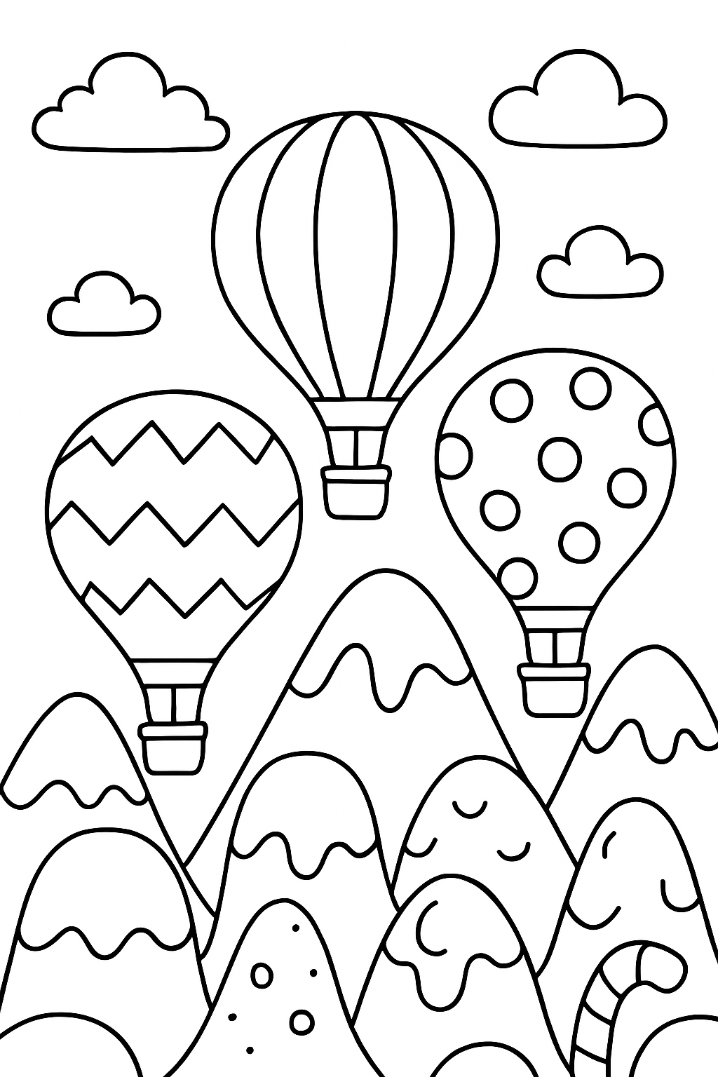 Whimsical Hot Air Balloons Over Mountains Coloring Page
