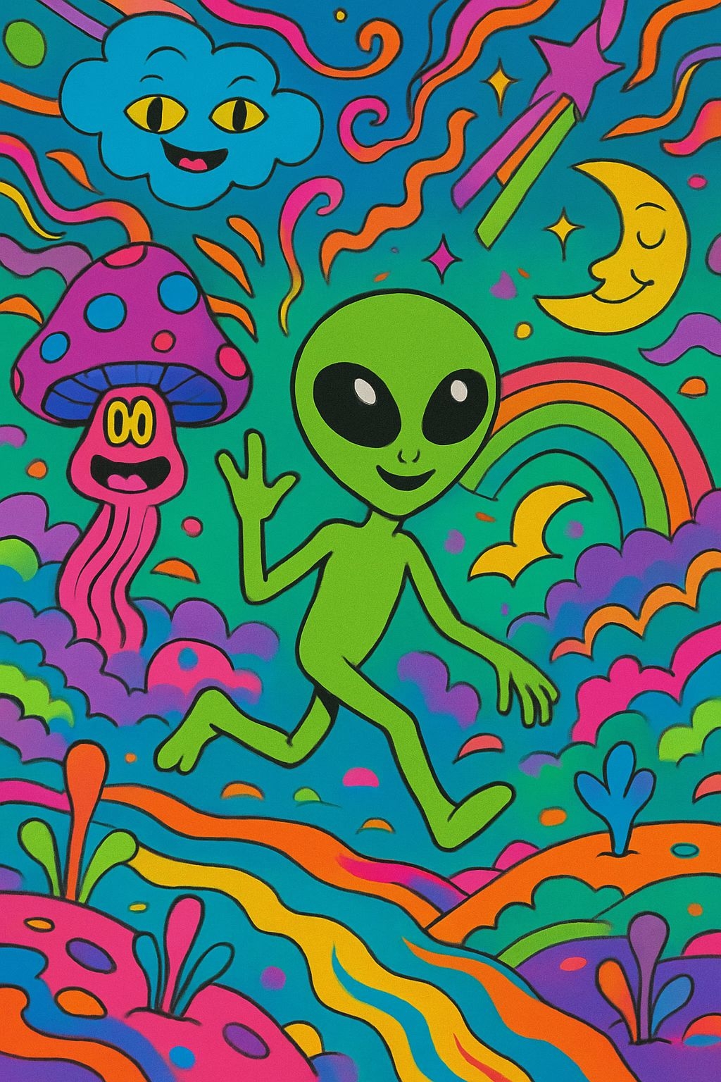 Vibrant Psychedelic Alien Adventure Illustration Art