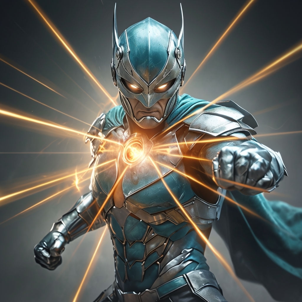 Fierce Teal and Silver Superhero Digital Art with Dynamic Energy Burst Poster