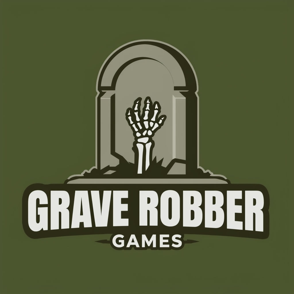 Bold and Edgy Grave Robber Games Logo with Skeleton Hand Graphic