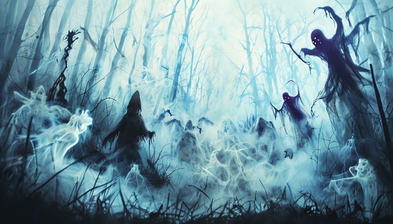 Eerie Dark Forest Ghostly Figures Digital Background Art 