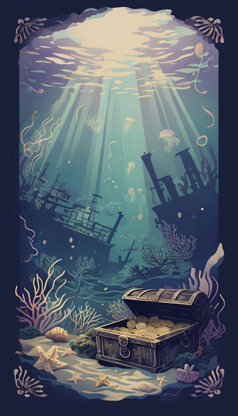 Ethereal Underwater Scene with Shipwrecks and Treasure Poster