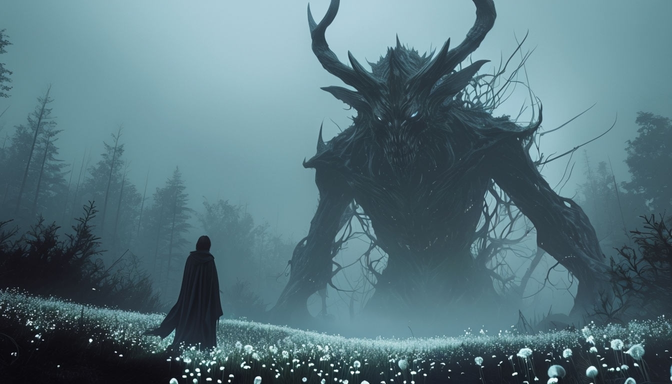 Eerie Dark Forest with Glowing Flowers and Shadowy Beast Background