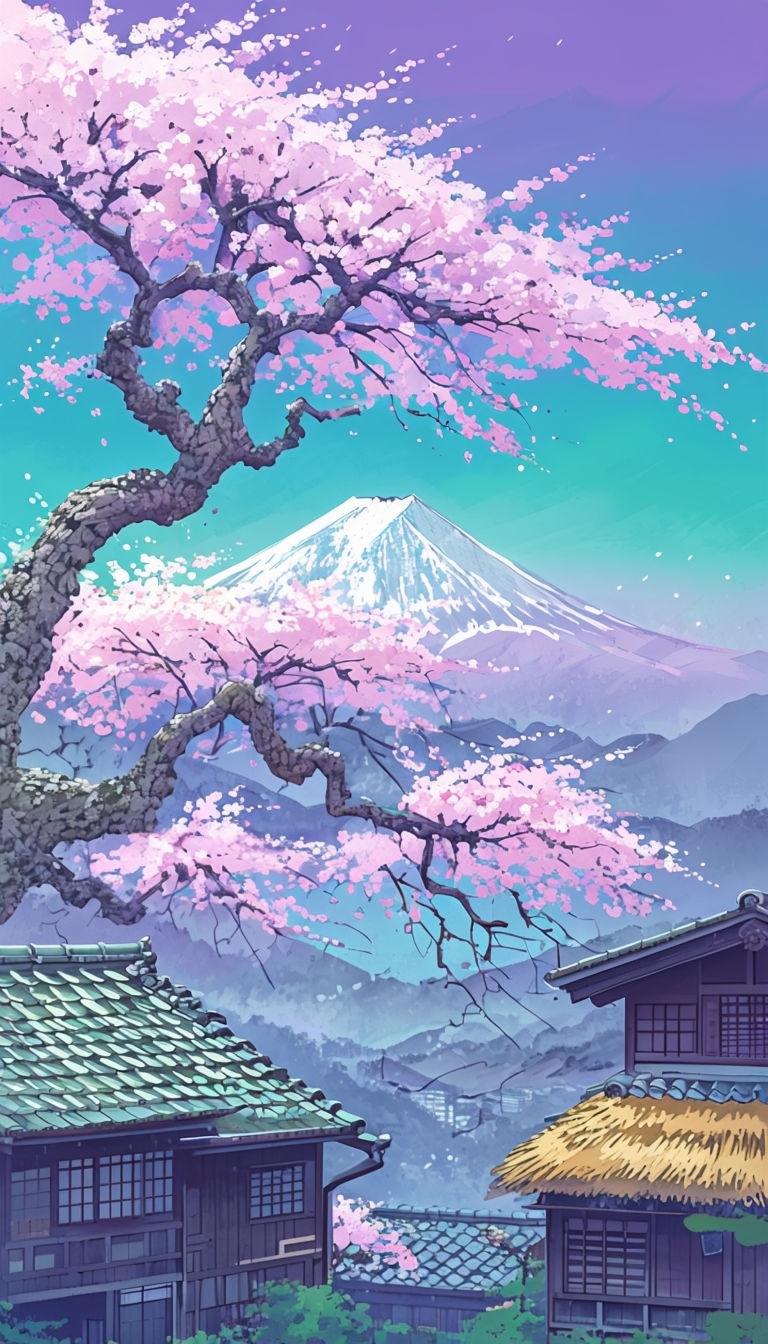 Serene Japanese Landscape with Cherry Blossom and Mount Fuji Mobile Wallpaper