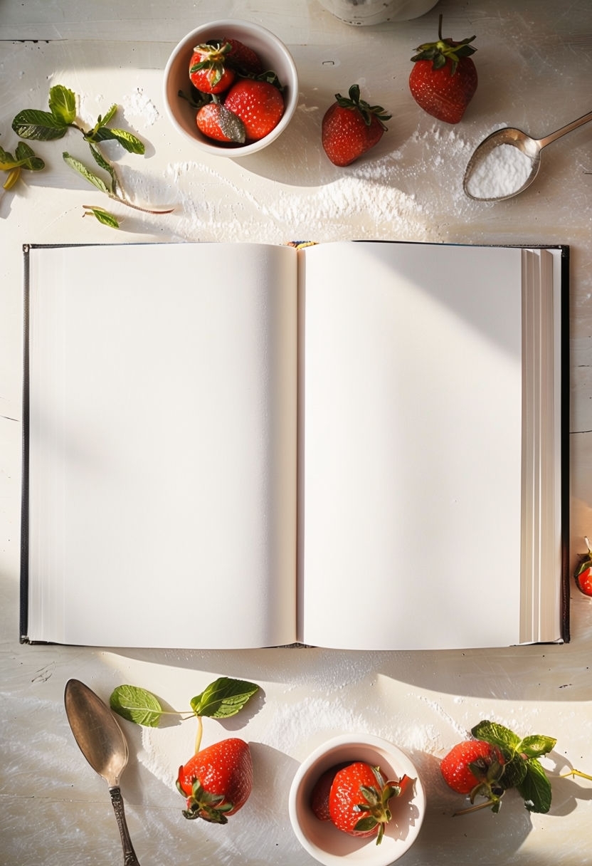 Blank Hardcover Cookbook on Rustic Kitchen Counter Mockup