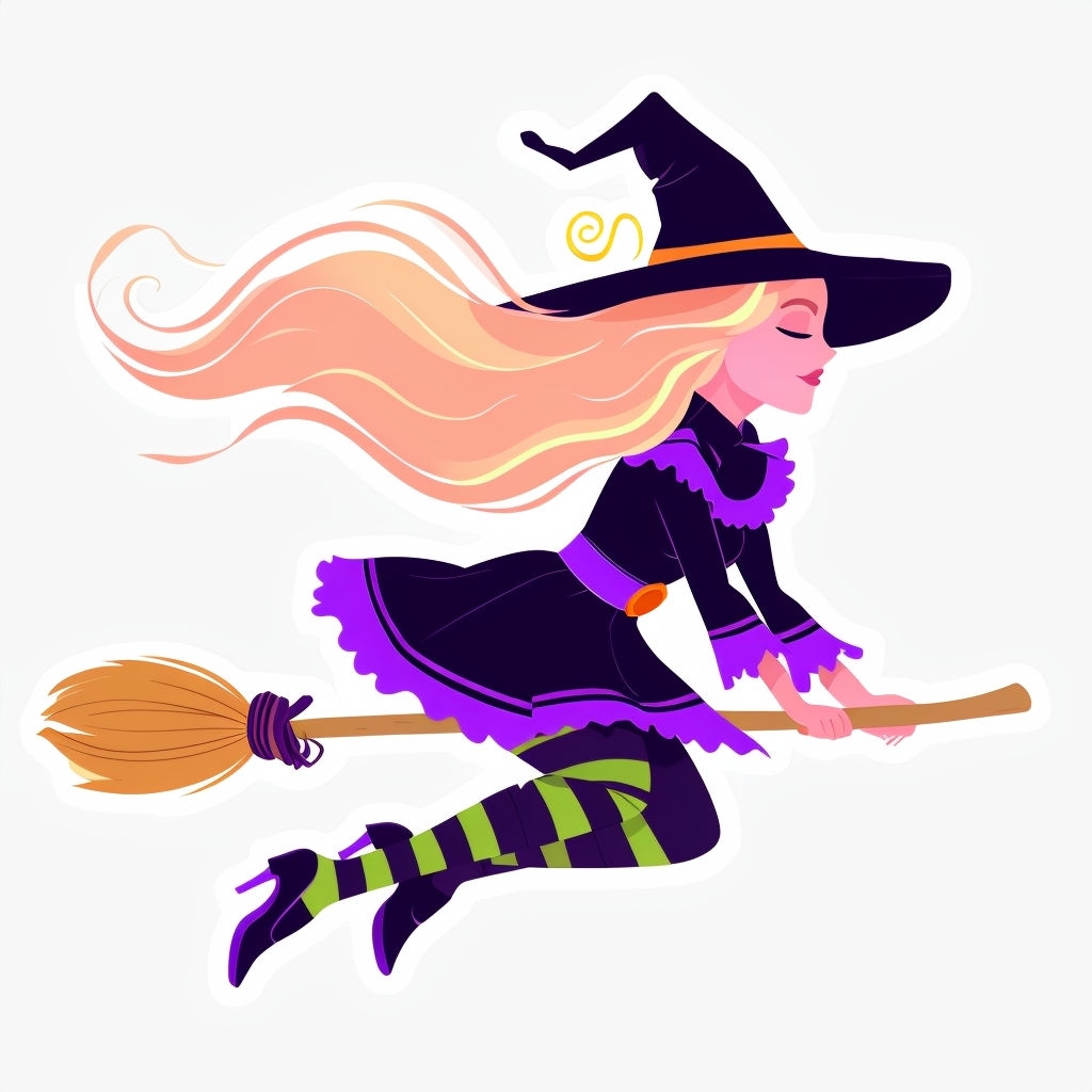 Whimsical Witch Flying on Broomstick Cartoon Sticker