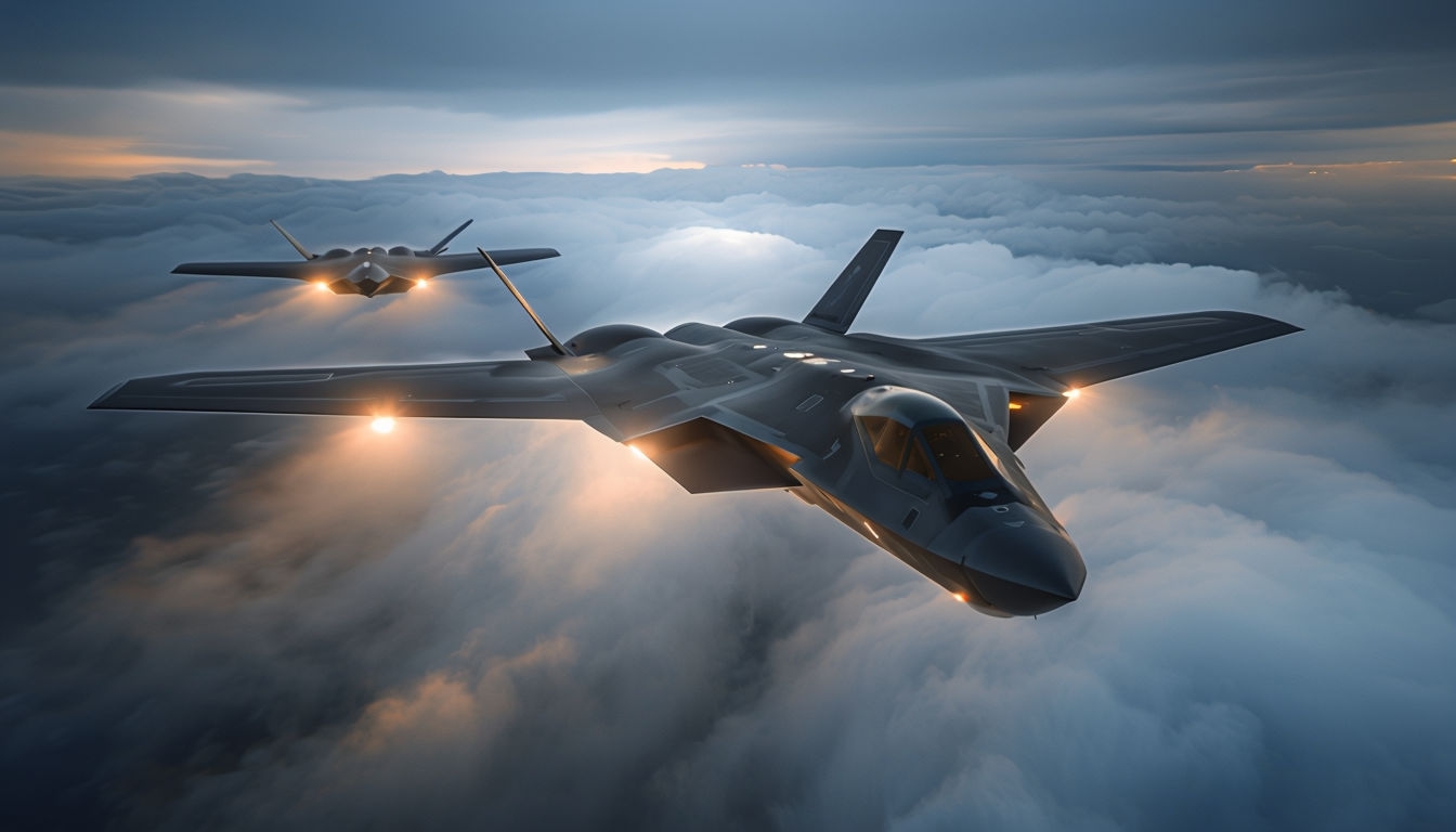 Stealth Aircraft Soaring Through Clouds Dramatic Photograph Background