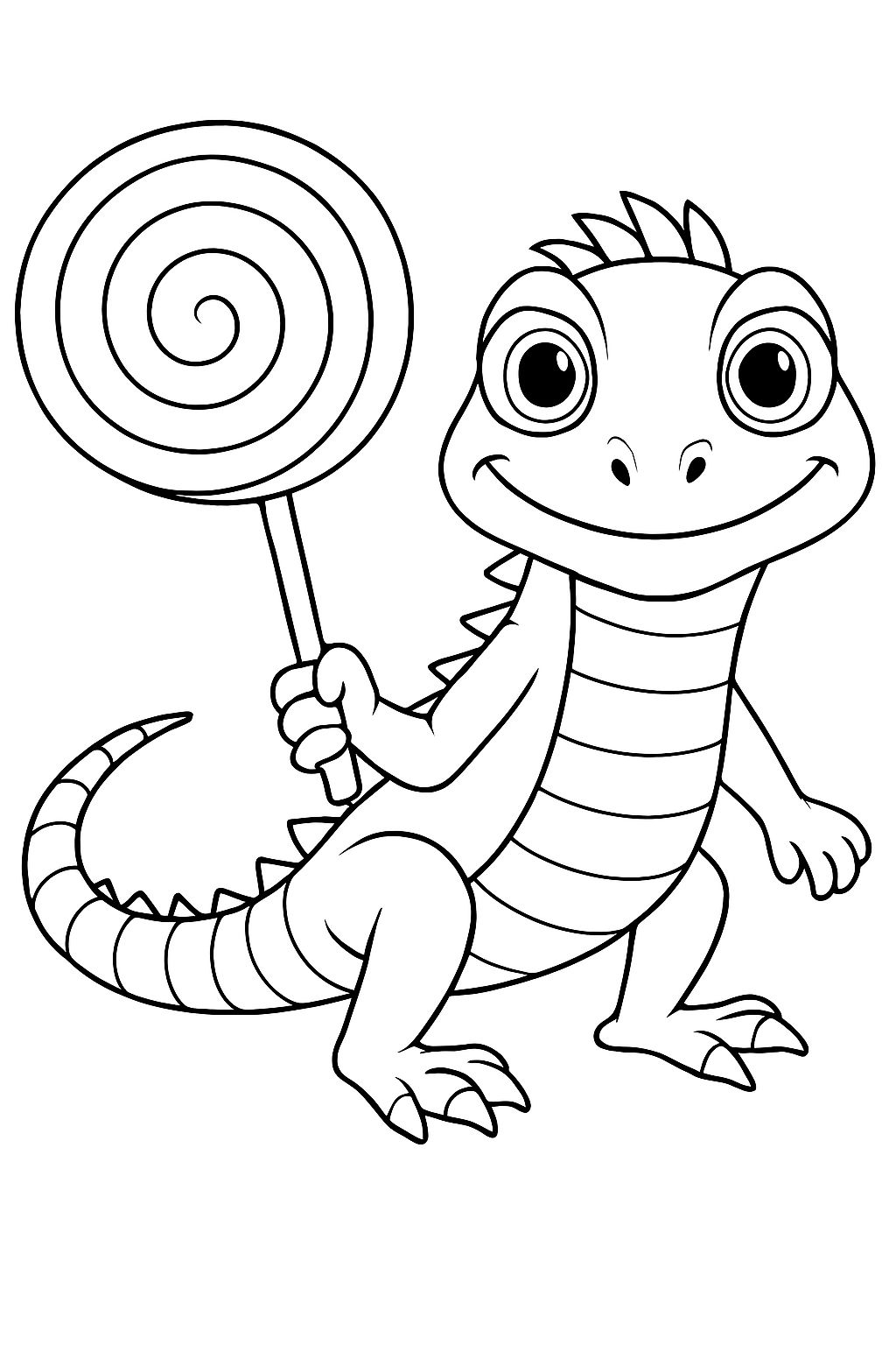 Playful Cartoon Gecko with Lollipop Line Drawing Coloring Book Pages