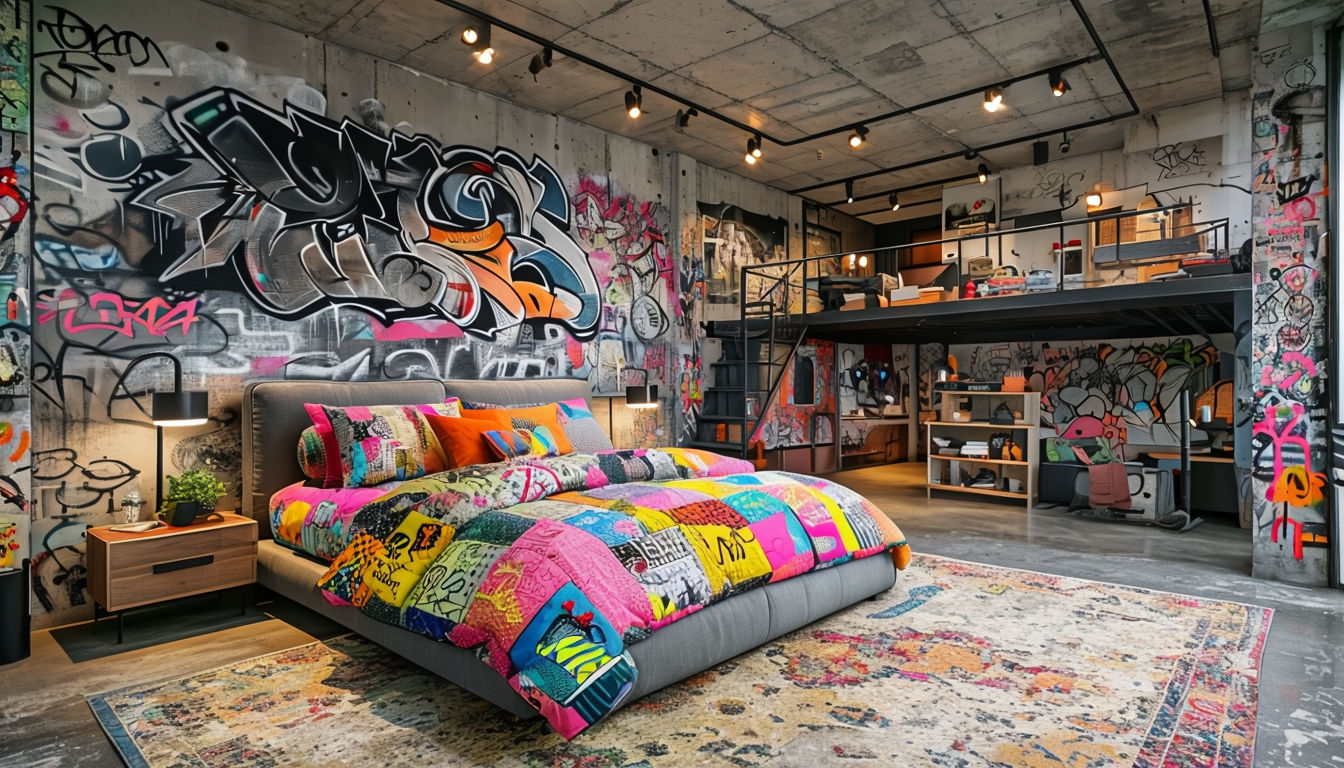 Vibrant Urban Bedroom with Graffiti and Colorful Patchwork Bedding Art