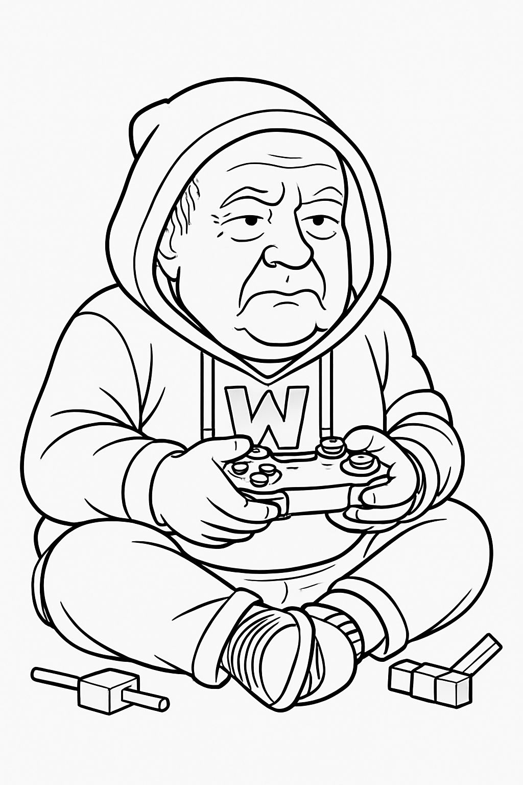 Elderly Gamer Character with Hoodie and Game Controller Coloring Book Pages