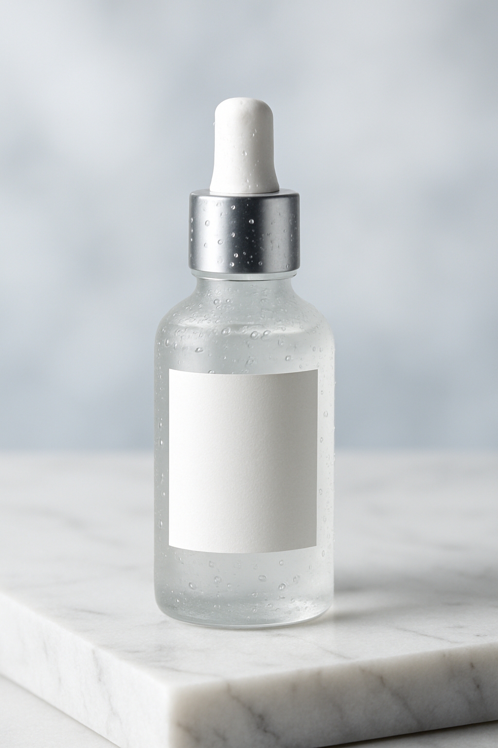 Minimalist Transparent Glass Bottle Mockup on Marble Surface