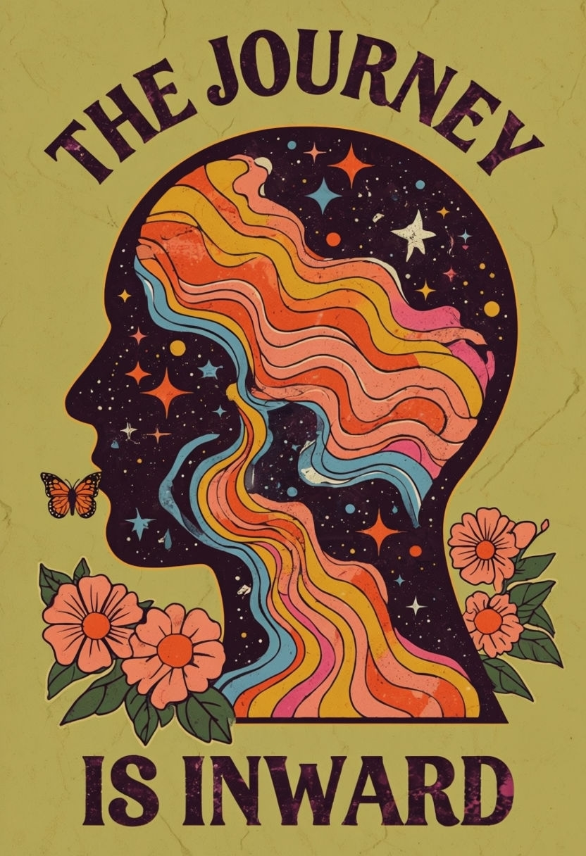 Psychedelic Head Profile with Cosmic Waves and Flowers Poster