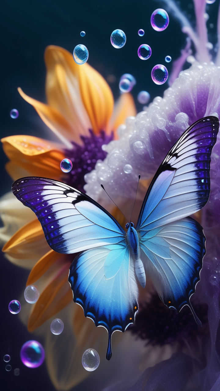 A vibrant azure butterfly bursts forth from a nebulous white... by John ...