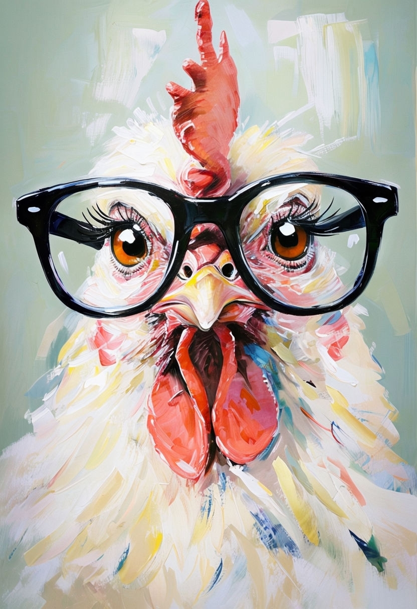 Whimsical Chicken with Glasses Playful Portrait Art