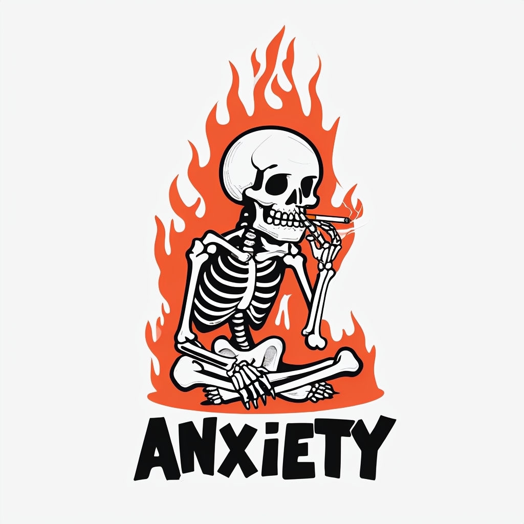 Minimalist Skeleton with Cigarette and Anxiety Text T-Shirt