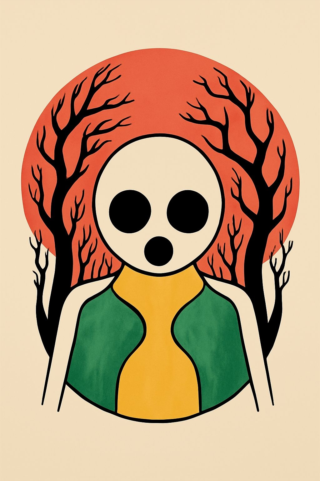 Eerie Minimalist Skeletal Figure with Oversized Skull T-Shirt