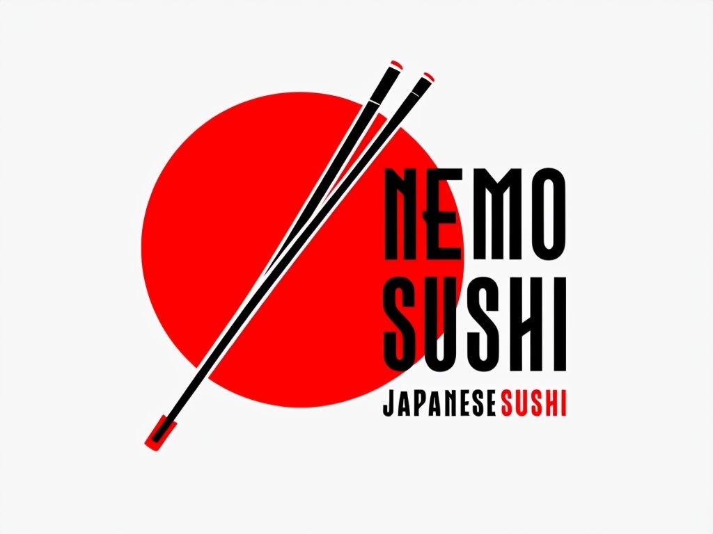 Minimalist Red Circle and Chopsticks NEMO SUSHI Logo