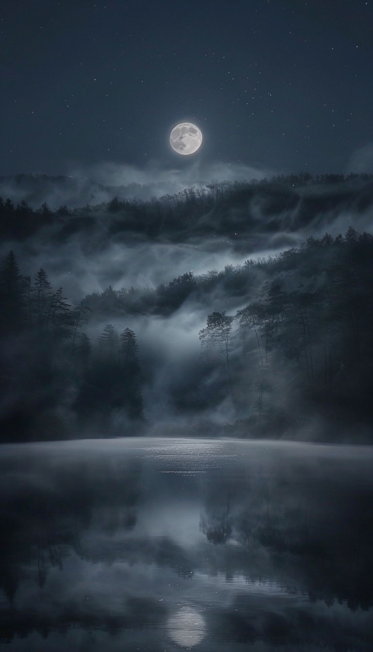 Ethereal Moonlit Lake with Fog and Forest at Night Mobile Wallpaper